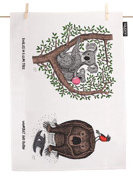 Koalas in a Gum Tree, Wombat & Robin Tea Towel
