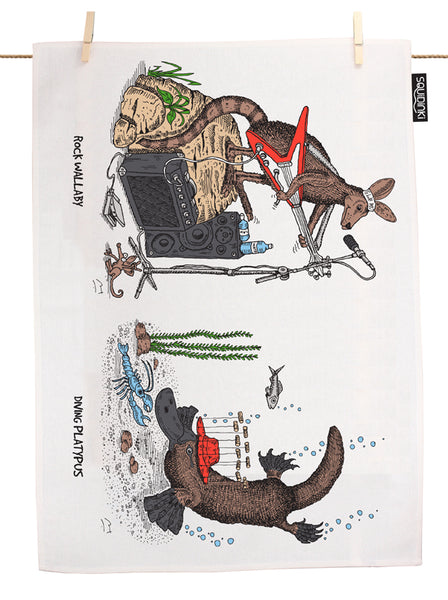 Rock Wallaby & Diving Platypus Tea Towel