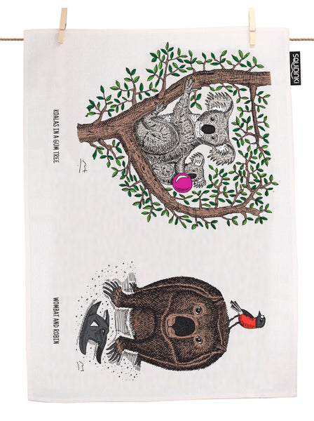 Koalas in a Gum Tree, Wombat & Robin Tea Towel