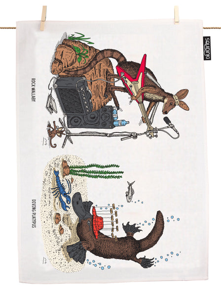 Rock Wallaby & Diving Platypus Tea Towel